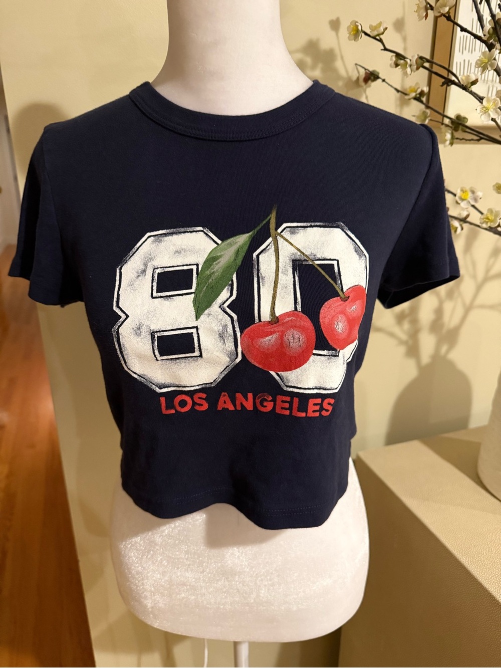 Navy Cropped Graphic Tee with Cherries - Los Angeles '80'